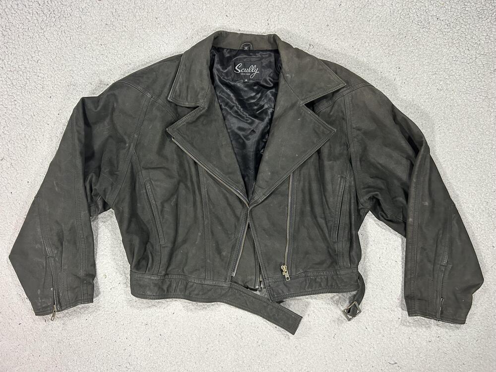 Scully Leather Jacket Womens 14 Black Moto Biker Belted Zip Pockets Lined